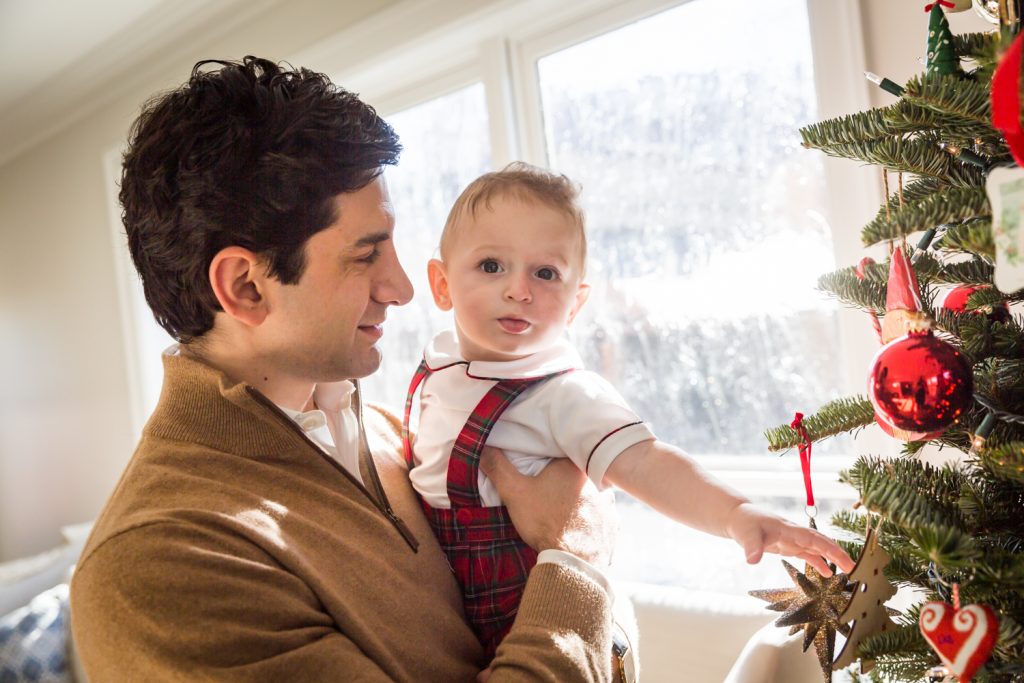 Father holding little boy reaching for Christmas tree