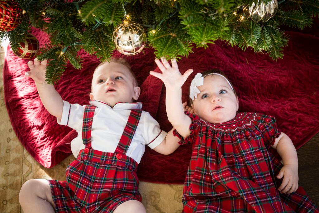 Twin babies reaching up for Christmas tree
