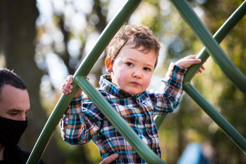 Little boy climbing on jungle gym in Forest Park playground