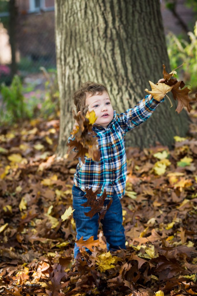 Little boy throwing leaves in Forest Park