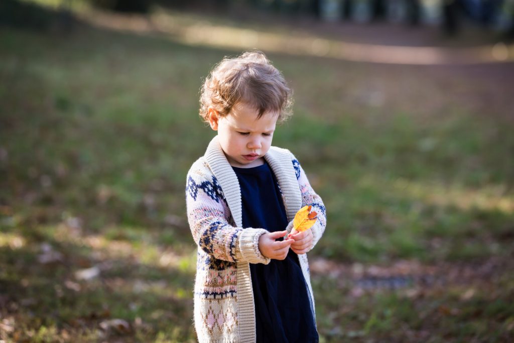 Little girl examining fall leaf in Riverside Park