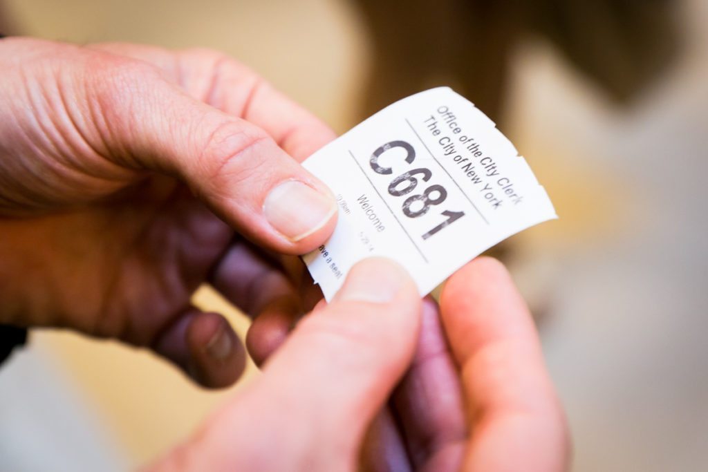 A wedding bureau ticket number, by NYC City Hall wedding photographer, Kelly Williams