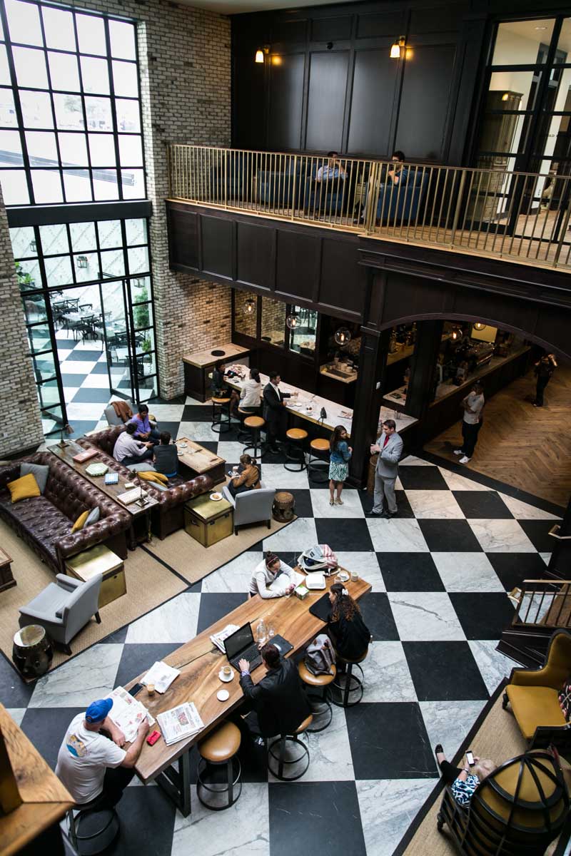 Wide shot of a seating area at the Oxford Exchange in Tampa, Florida
