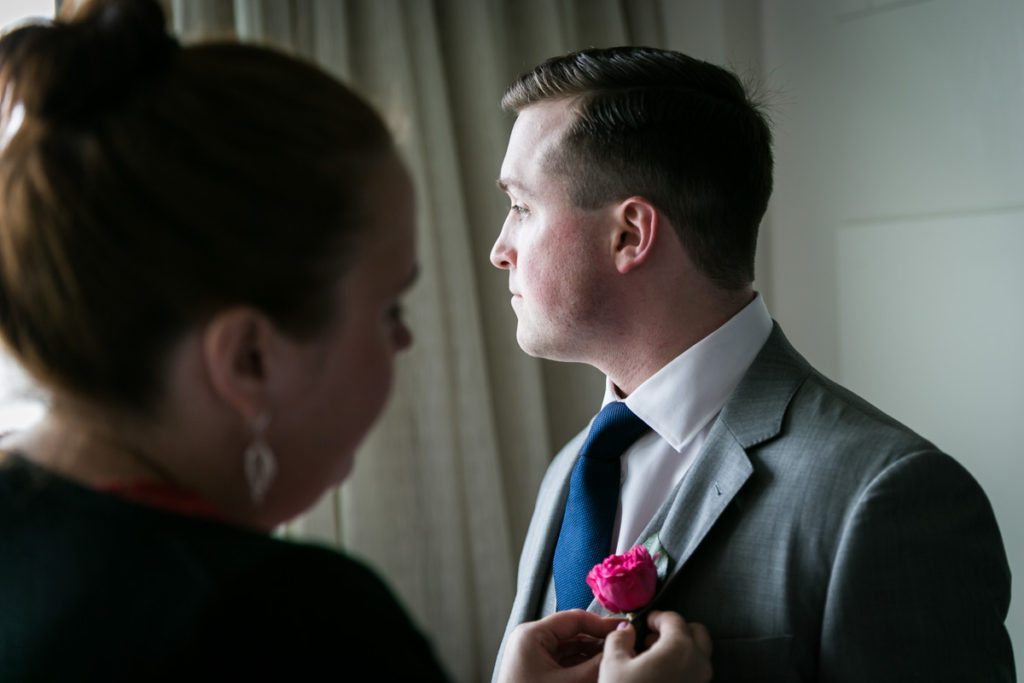 Getting ready candid by Hoboken wedding photographer, Kelly Williams