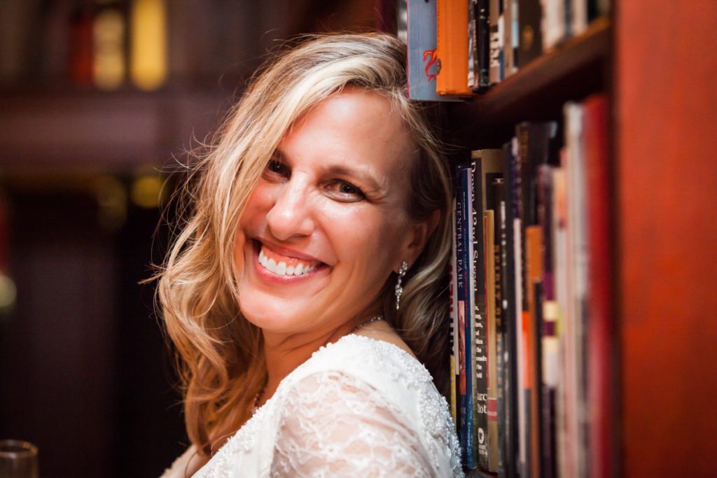 Portrait of the bride at a Housing Works Bookstore wedding, by NYC wedding photojournalist, Kelly Williams