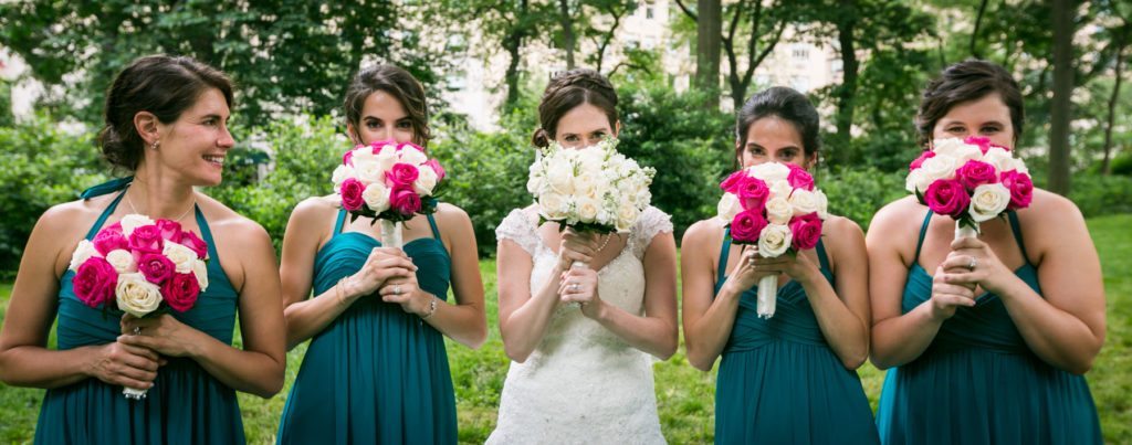 Bridal party portrait in Central Park before a Columbus Citizens Foundation wedding by NYC wedding photojournalist, Kelly Williams