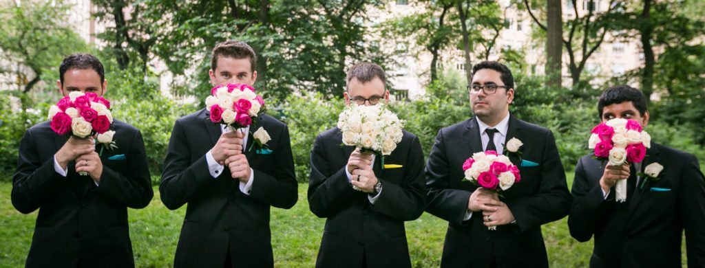 Bridal party portrait in Central Park before a Columbus Citizens Foundation wedding by NYC wedding photojournalist, Kelly Williams