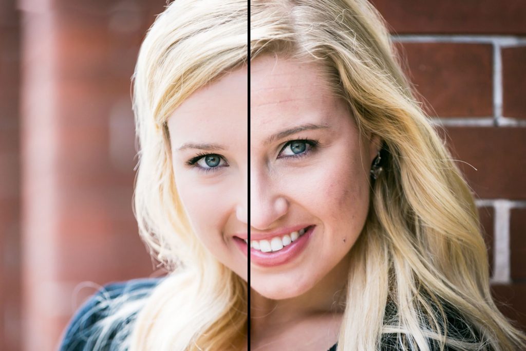 Headshot retouching images before and after of a young blond actress