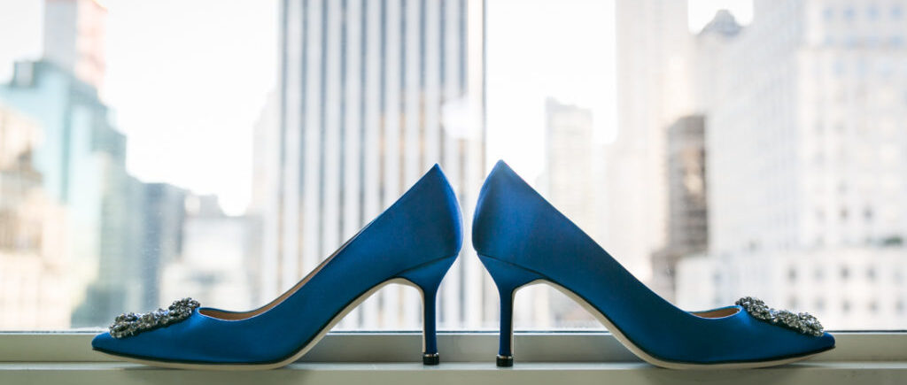 Manolo Blahnik blue wedding shoes for an article on creative borrowed and blue wedding ideas