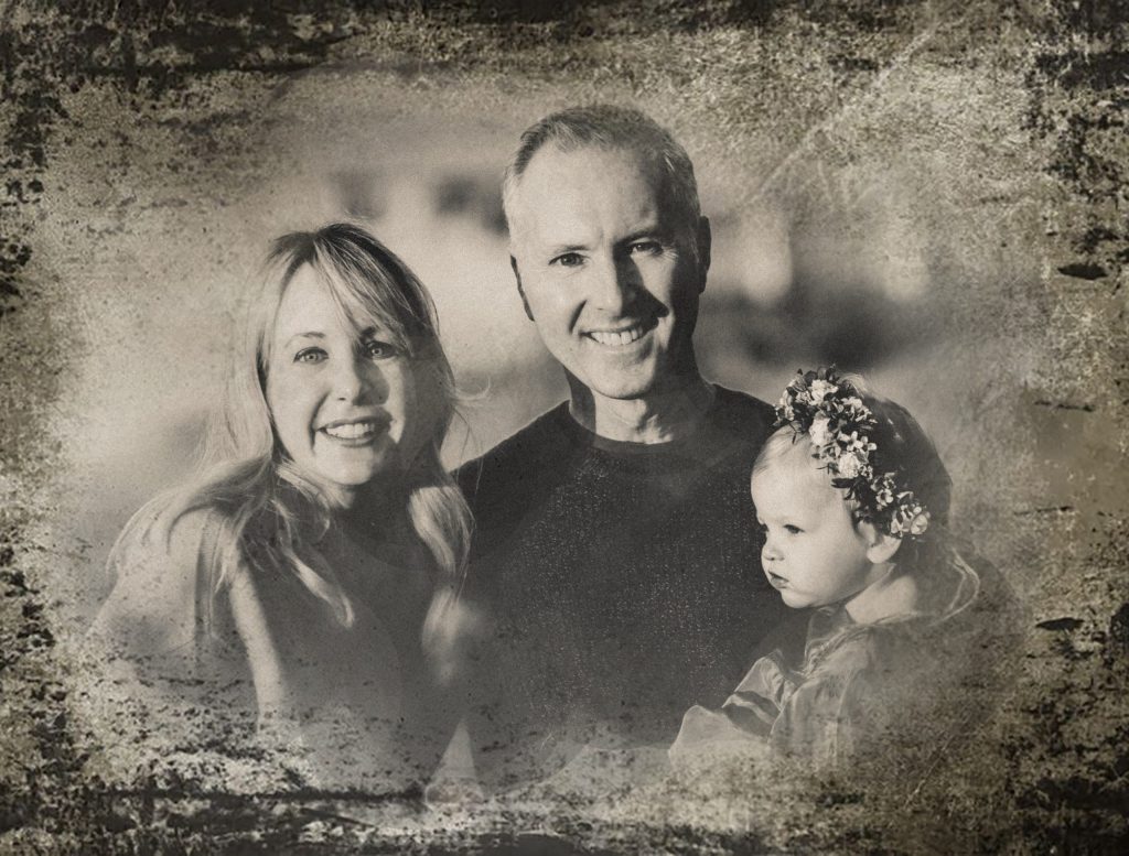 Digital tintype portraits of parents with little girl wearing flower crown