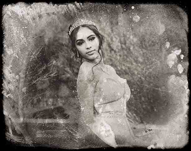 Digital tintype portraits of girl wearing ball gown and crown