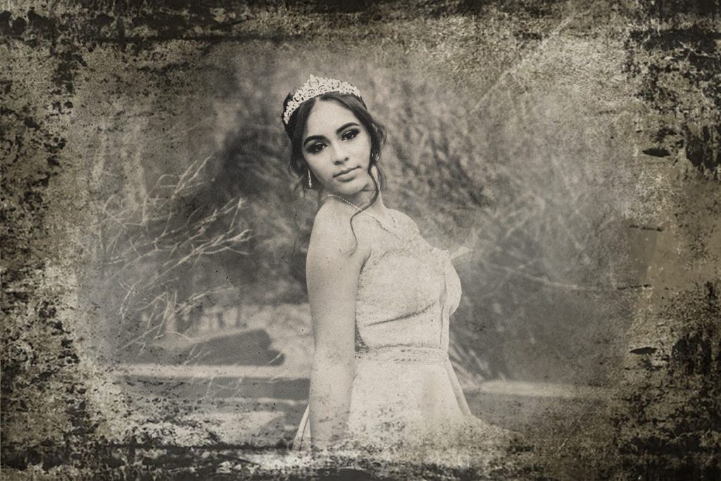 Digital tintype portrait of girl wearing ball gown and crown