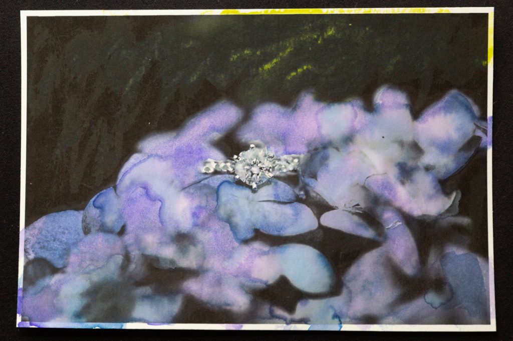 Hand-colored image of engagement ring resting on hydrangea flowers