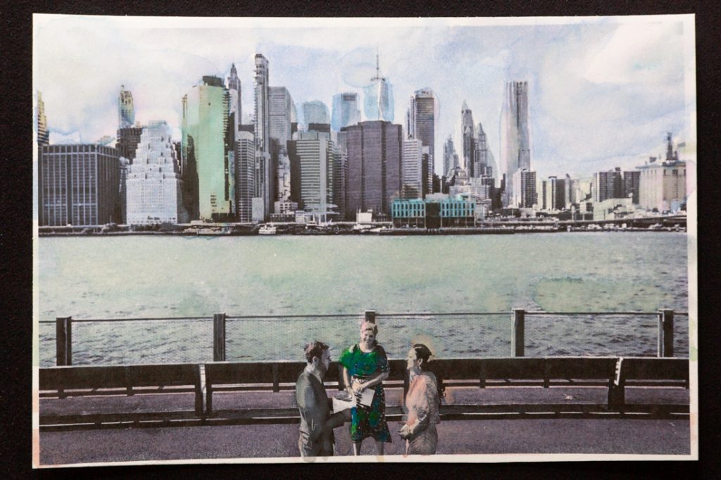 Hand-colored image of couple getting married in front of NYC skyline