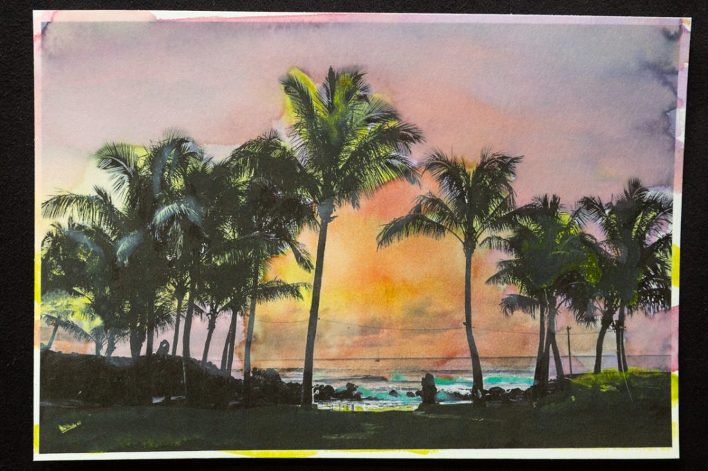 Hand-colored image of Easter Island sunset