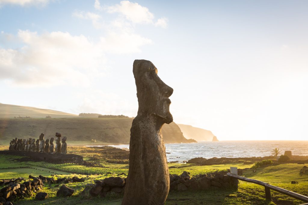 Easter Island moai at sunrise for an article on hand-colored black and white images