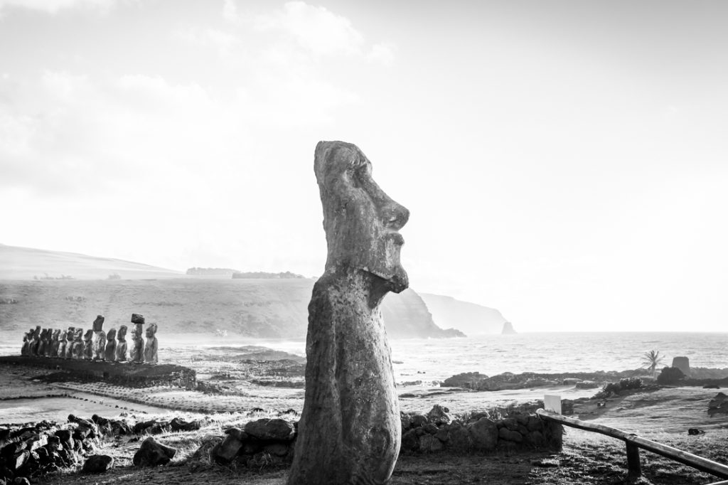 Black and white photo of Easter Island moai for an article on hand-colored black and white images