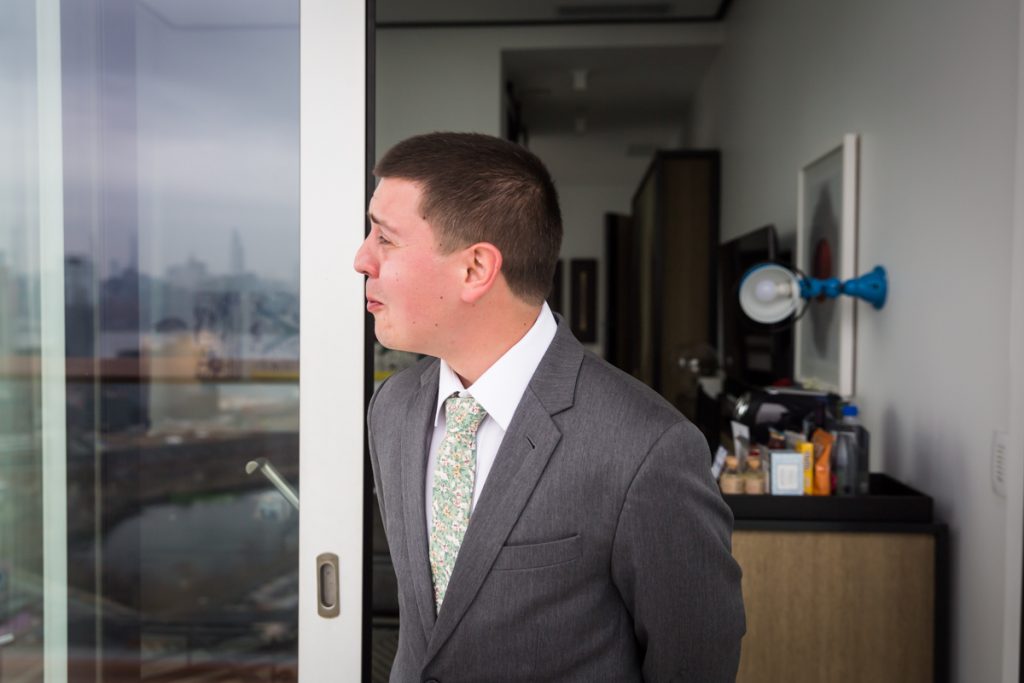 Groom seeing bride for first time during first look