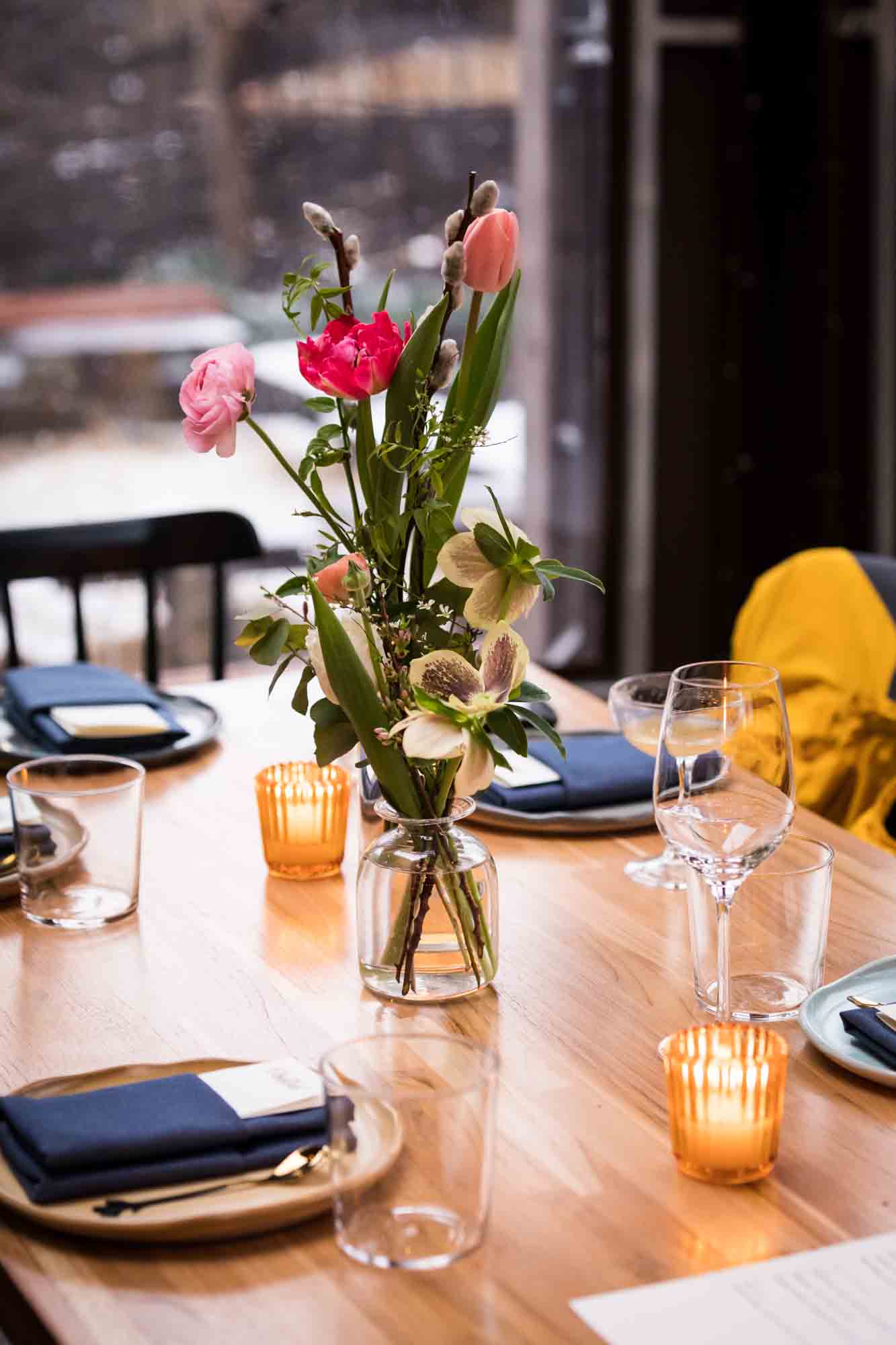 Flower centerpiece at a Brooklyn restaurant wedding