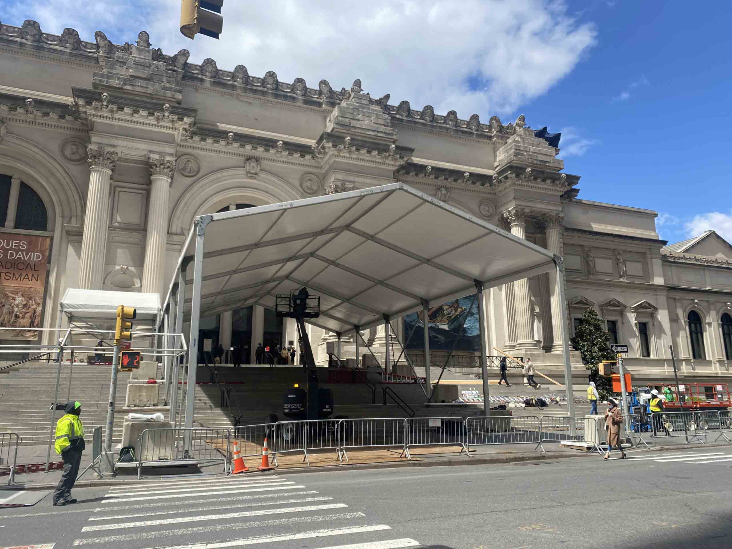Construction on the entrance to the Metropolitan Museum of Art for the Met Gala