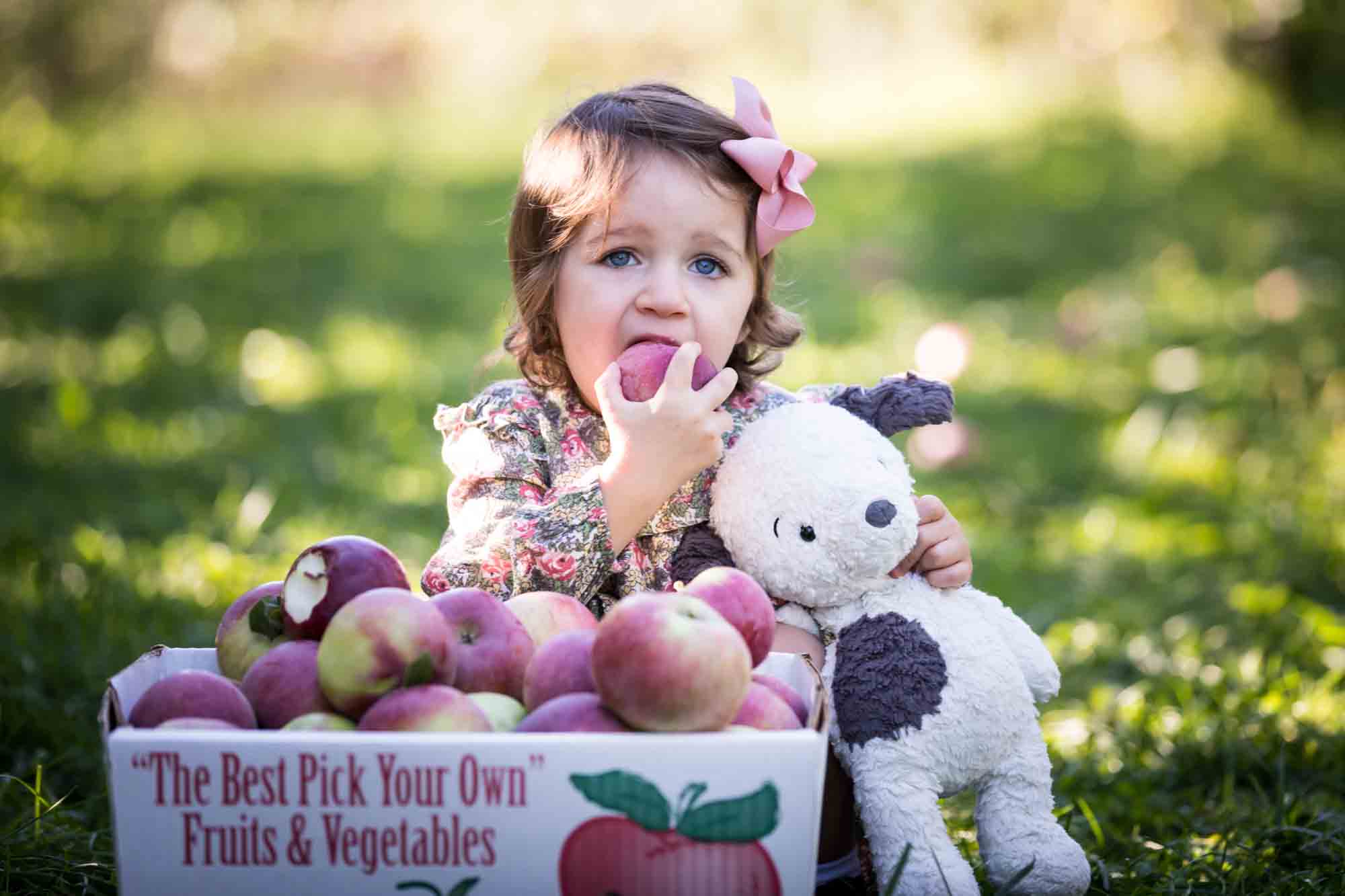 Little girl eating an apple with her stuffed toy dog