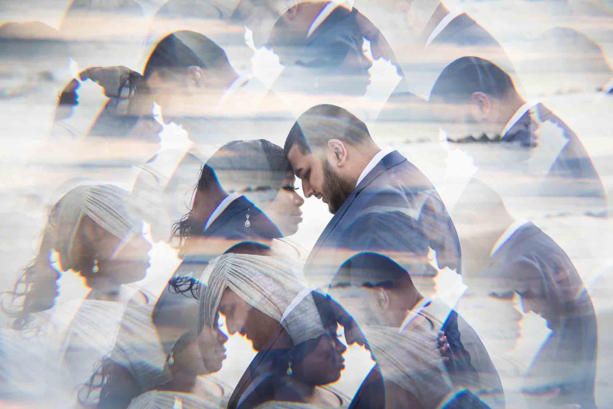 View of couple with foreheads pressed together through a prism