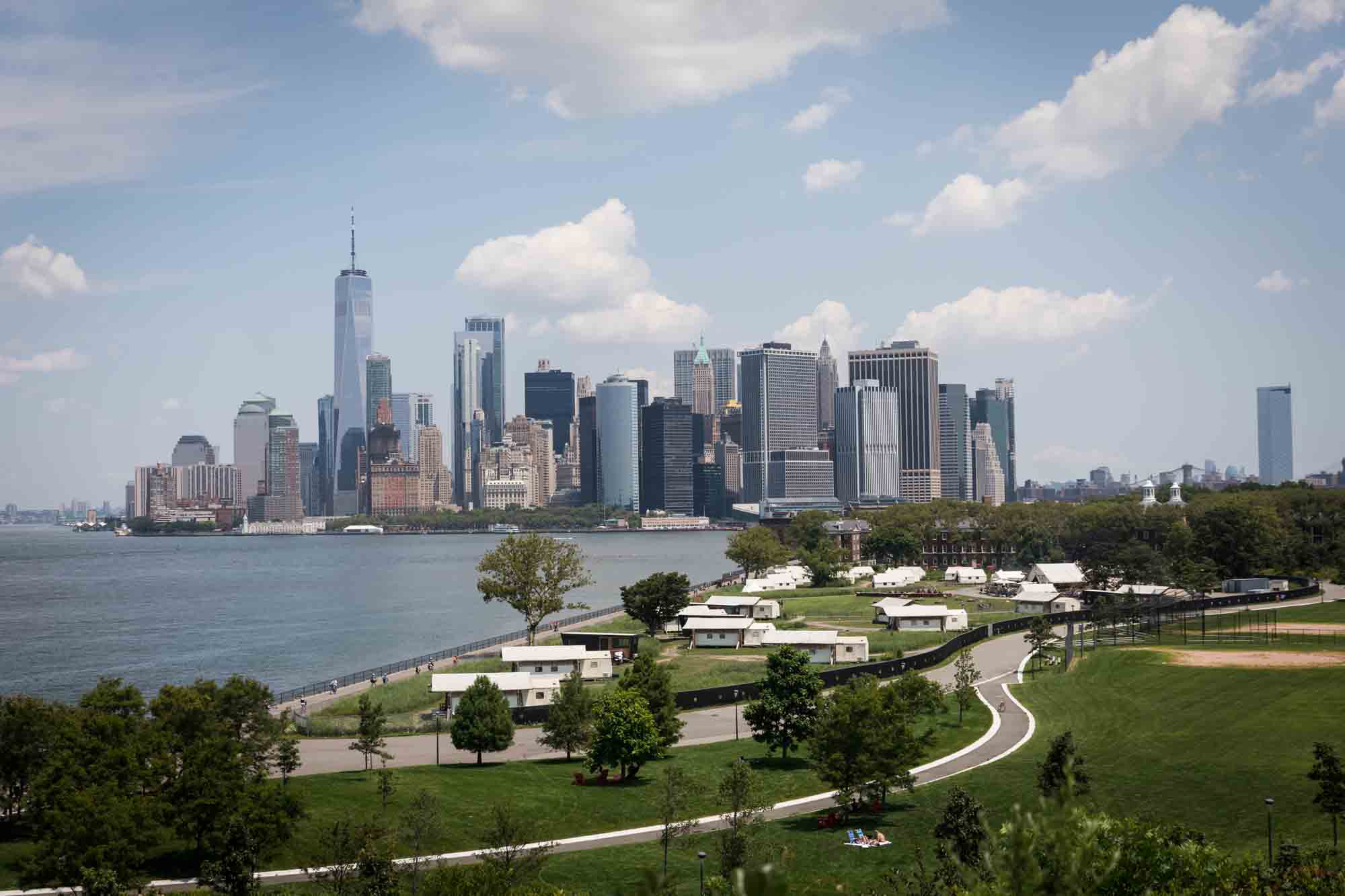 Wide shot of NYC skyline from Outlook Hill on Governors Island