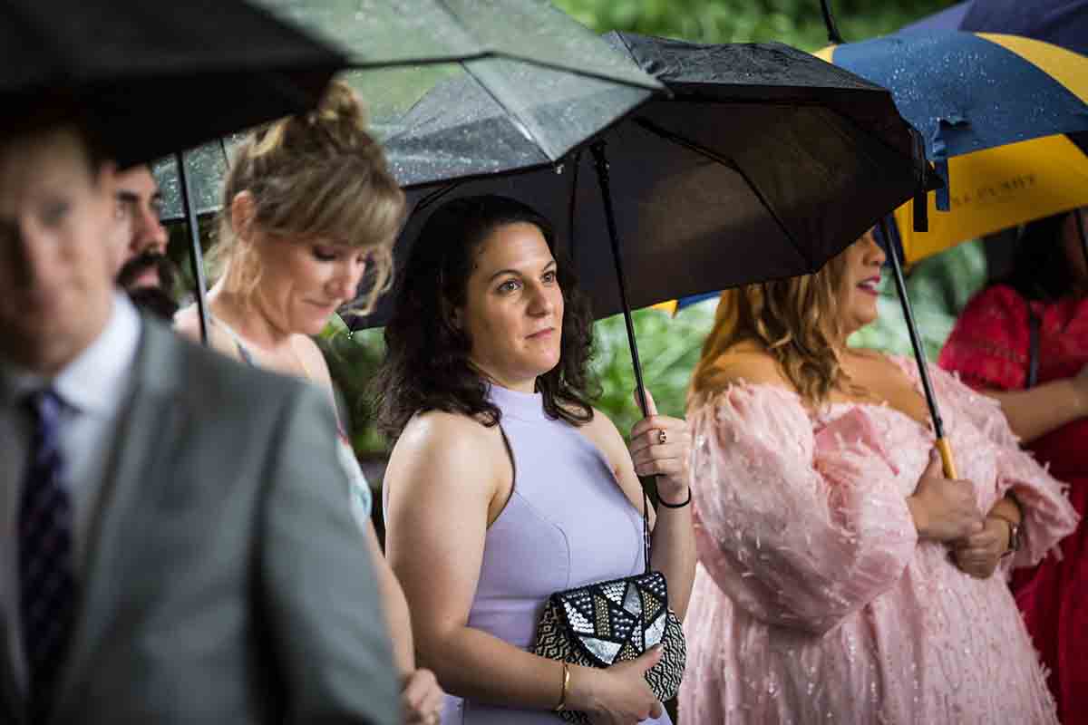 Central Park Wisteria Pergola wedding photos of guests holding umbrellas