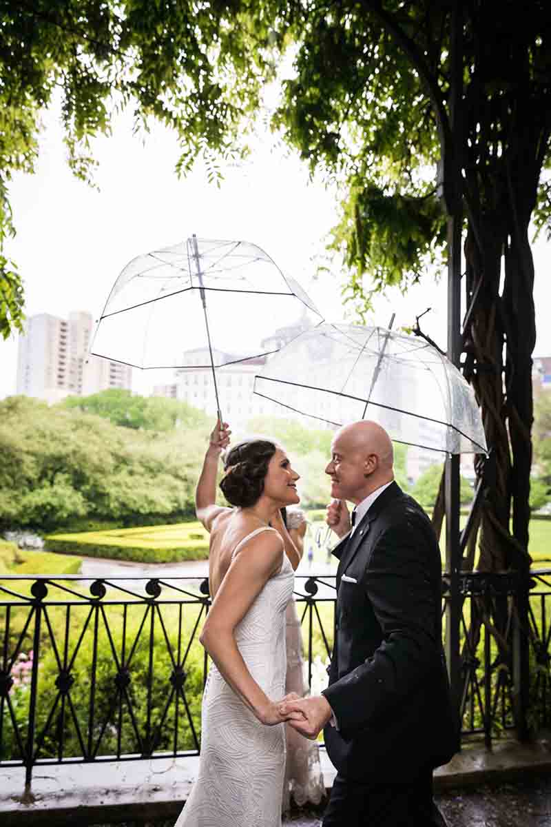 Central Park Wisteria Pergola wedding photos of bride and groom holding clear umbrellas