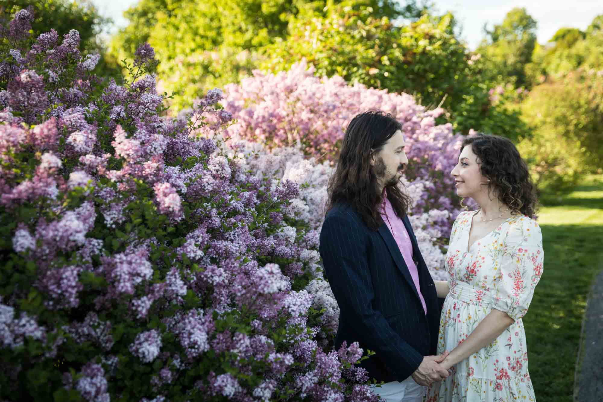 Couple holding hands in front of lilac bushes in New York Botanical Garden