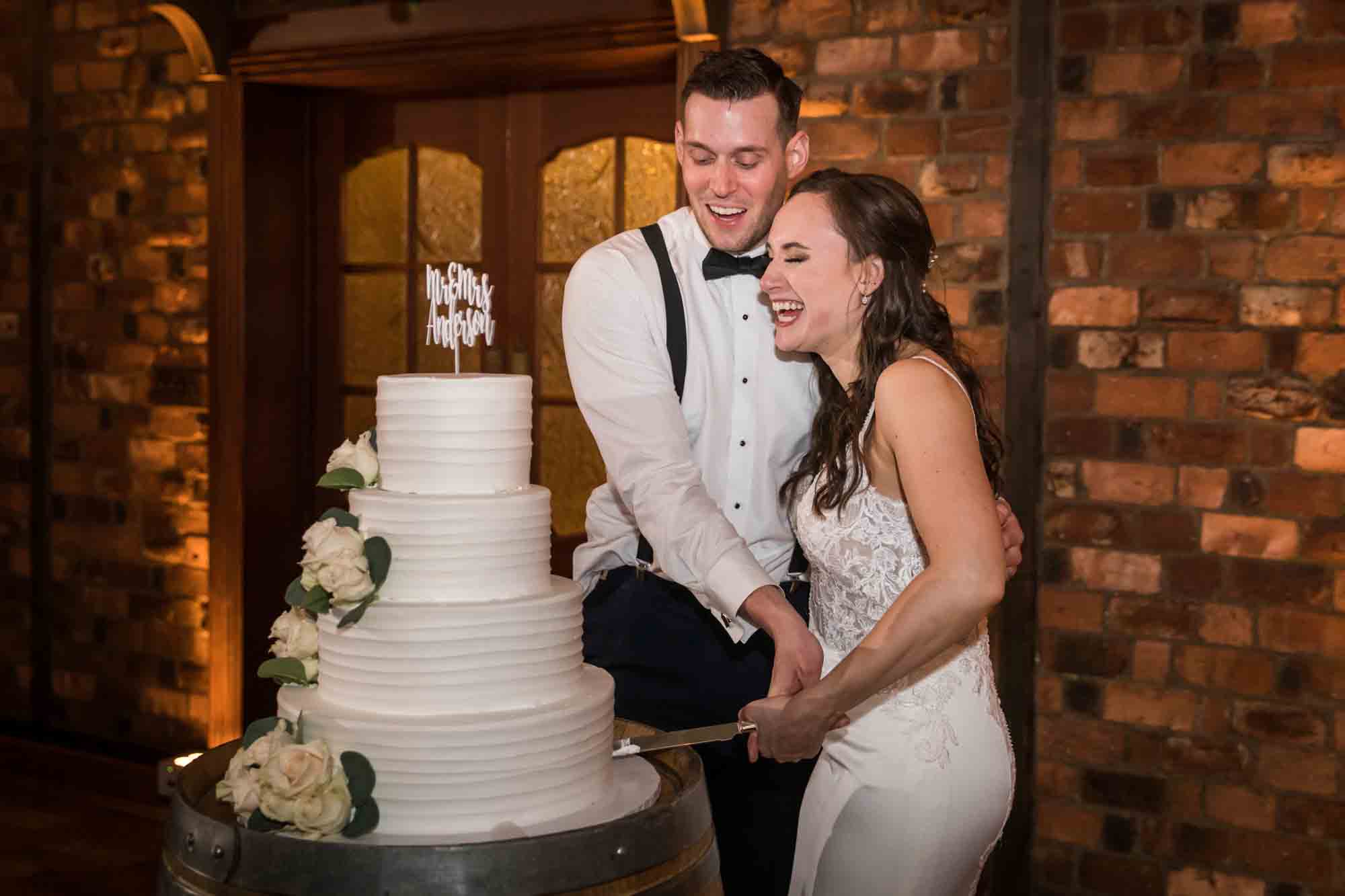 Bride and groom cutting cake at Riviera Waterfront Mansion wedding