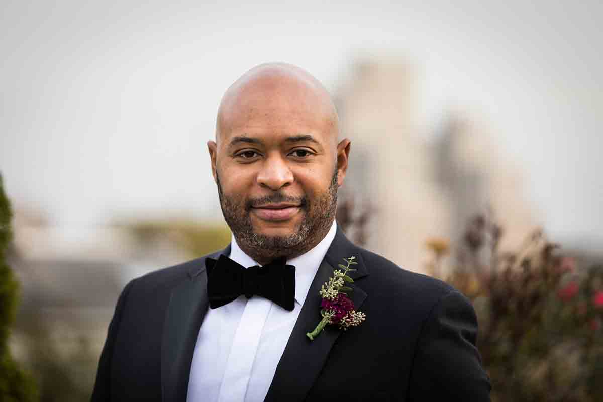 Portrait of African American groom wearing tuxedo