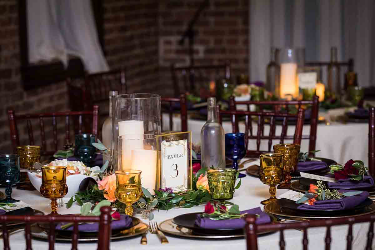 Tables and centerpieces at a Deity wedding