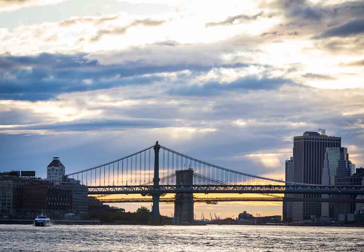NYC bridges and waterfront at sunset