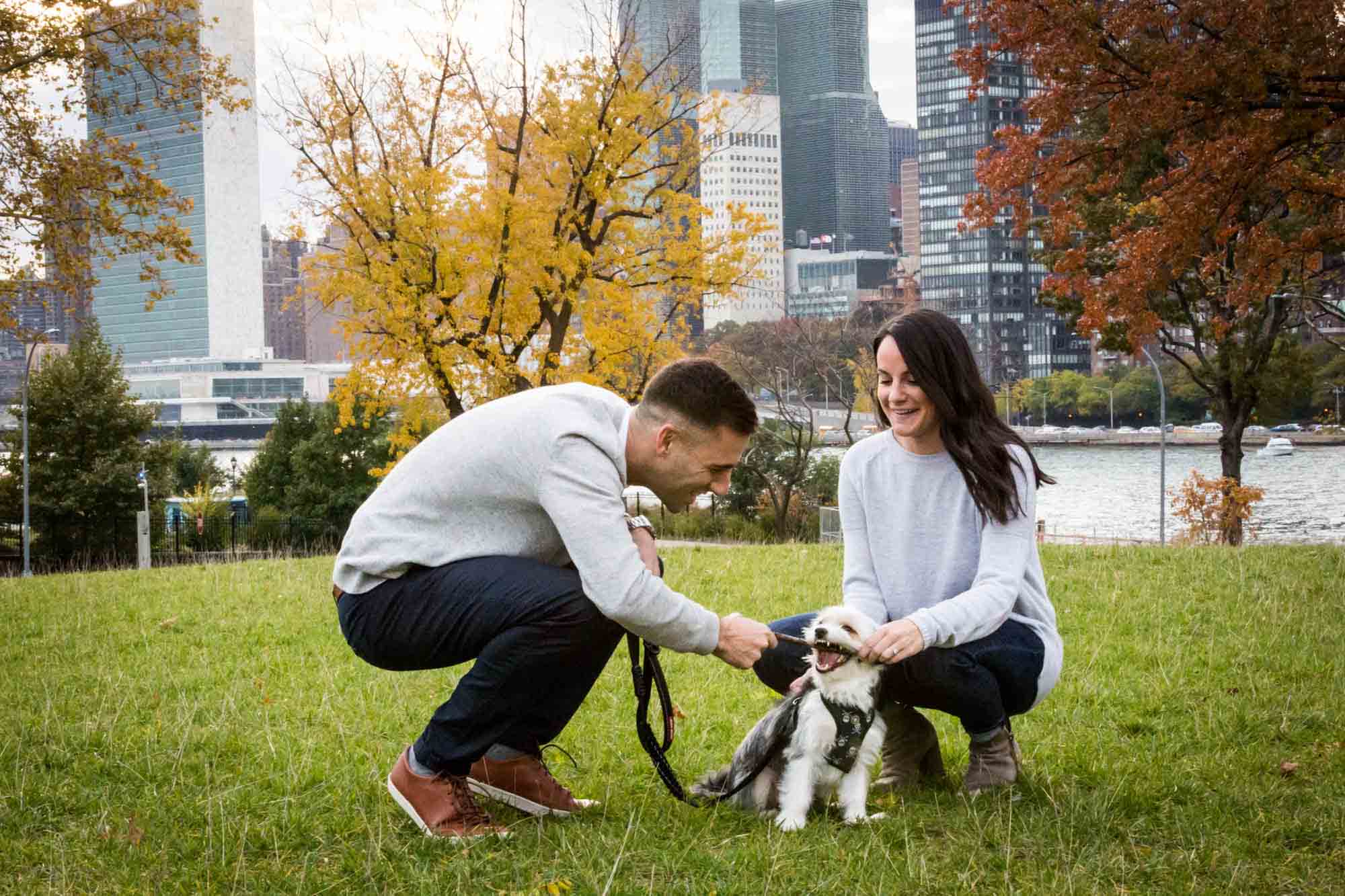 Couple playing with dog in grass during Roosevelt Island engagement shoot for an article on pet engagement photo tips