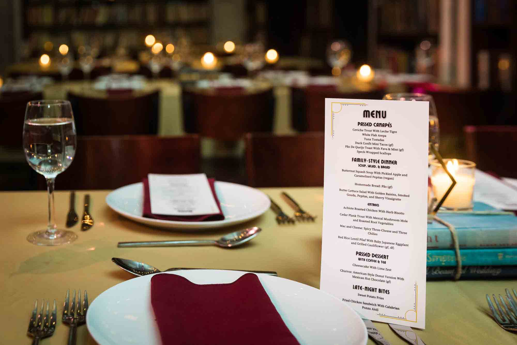 Table setting and menu card at a Housing Works Bookstore wedding