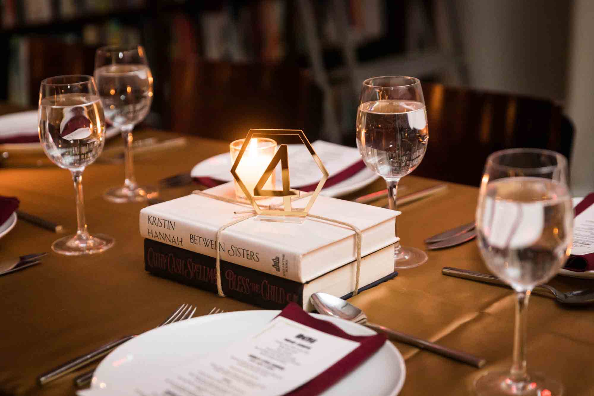 Book centerpiece and table setting at a Housing Works Bookstore wedding