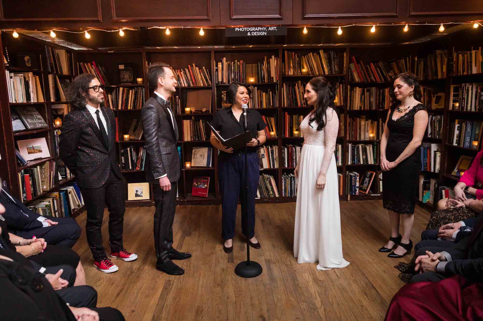 Wedding ceremony at a bookstore for an article on wedding ceremony photo tips