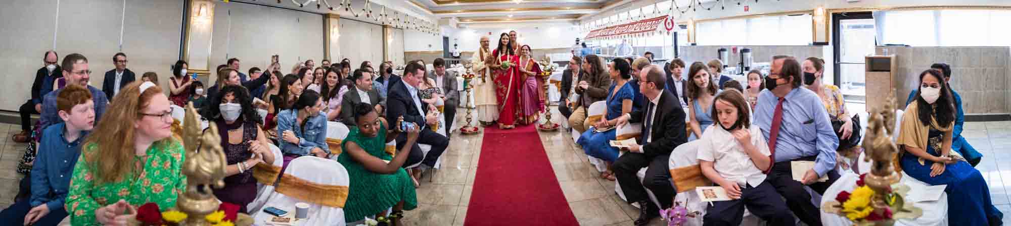 Wide shot of guests at Hindu Temple Society of North America wedding
