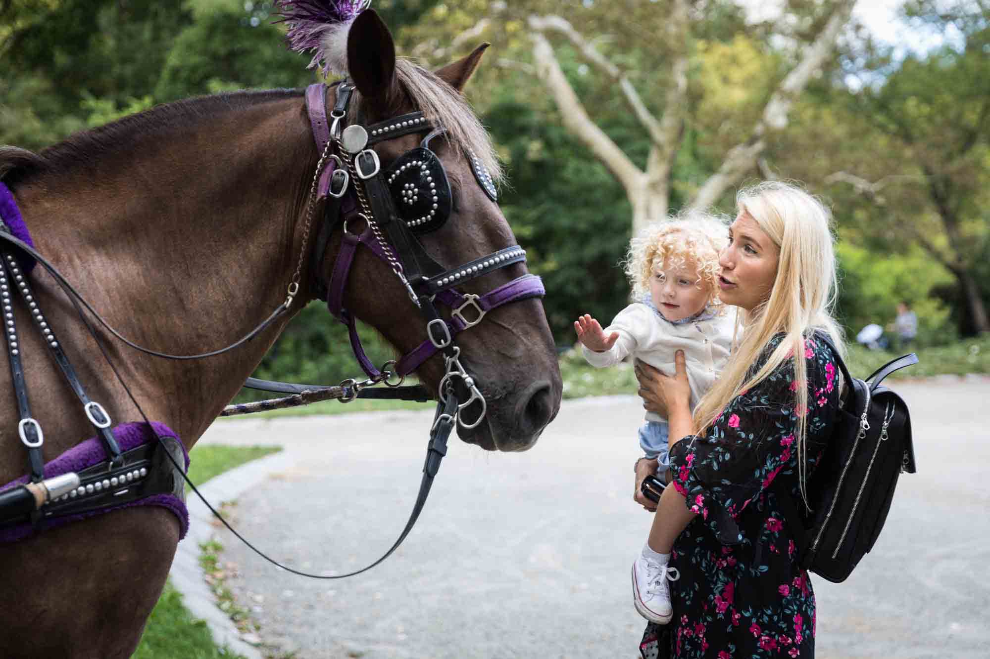 Central Park family portrait of mother and child petting horse