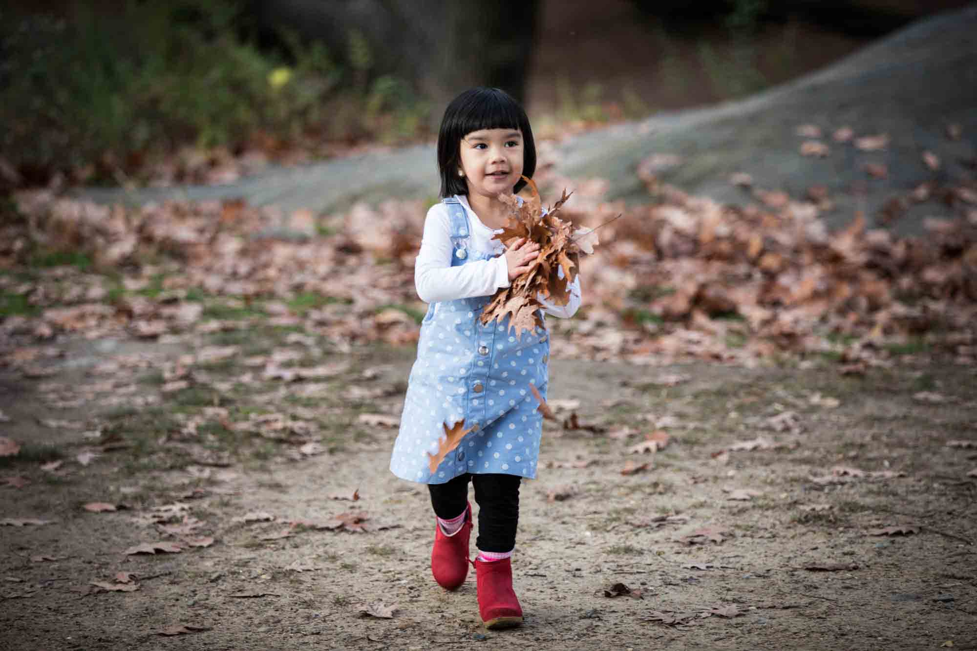 Central Park family portrait of little girl walking with handful of leaves