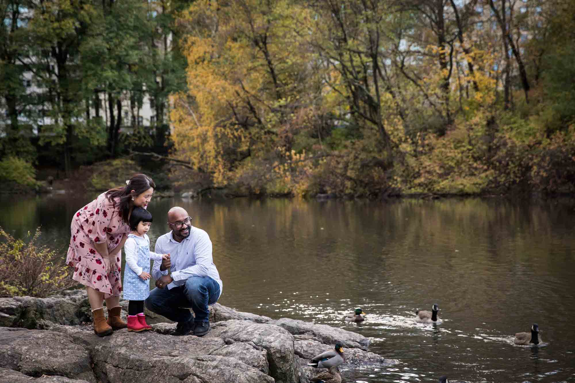 Parents pointing out ducks to little girl along lake for an article on Central Park winter portrait tips