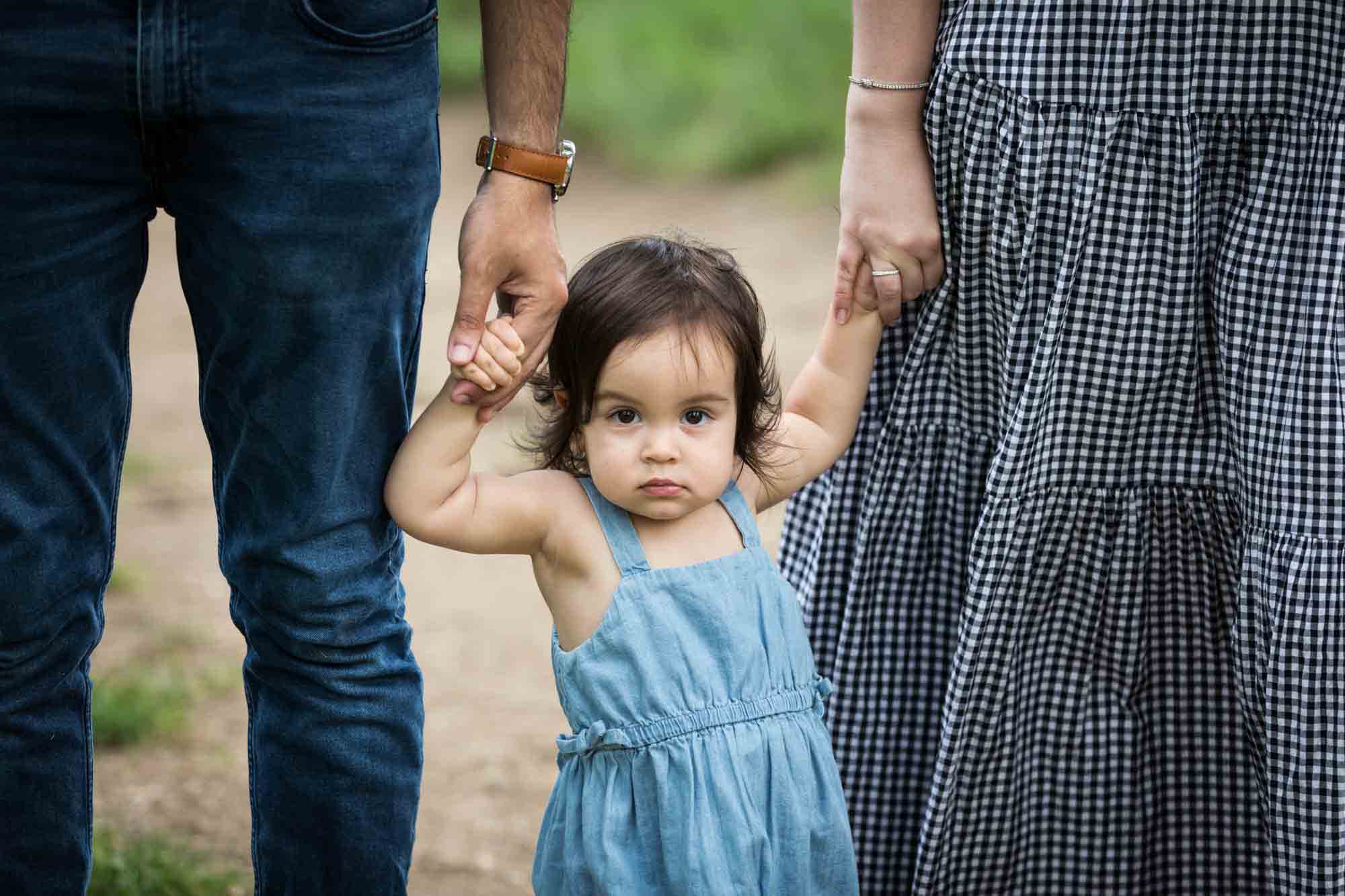 Little girl in blue jumper holding hands of parents