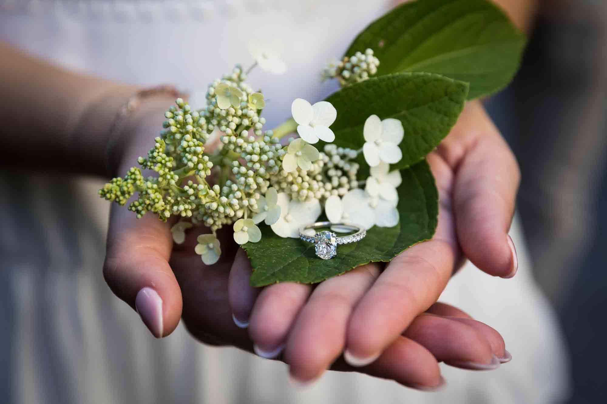Woman's hands holding white hydrangea blossom and engagement ring for an article on how to propose in Brooklyn Bridge Park