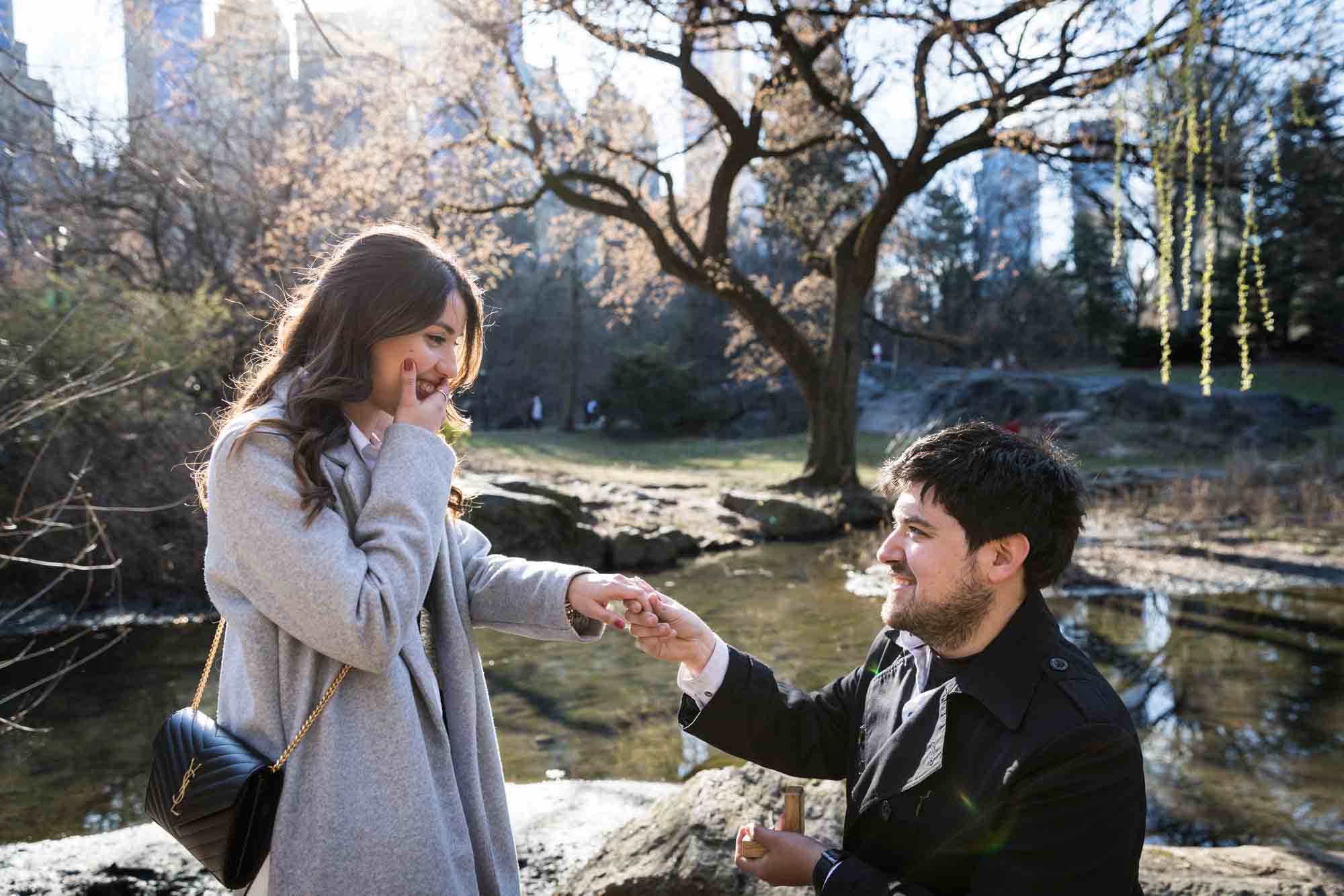 Surprised woman holding man's hand during a Gapstow Bridge surprise proposal in Central Park