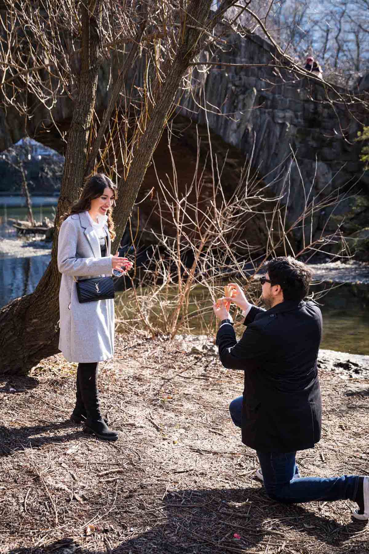 Man on one knee in front of woman during a Gapstow Bridge surprise proposal in Central Park