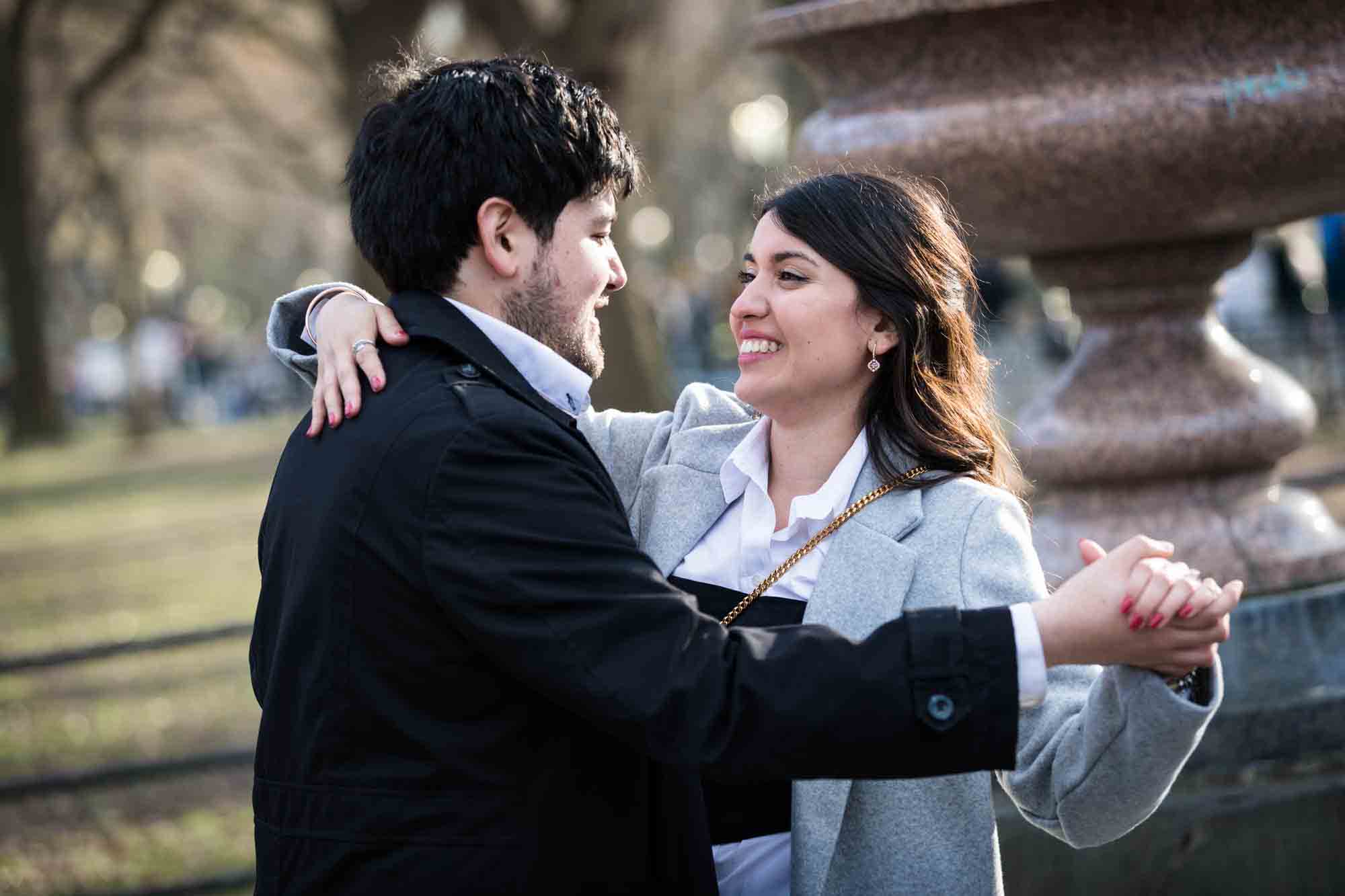 Couple dancing in Central Park after a NYC surprise proposal