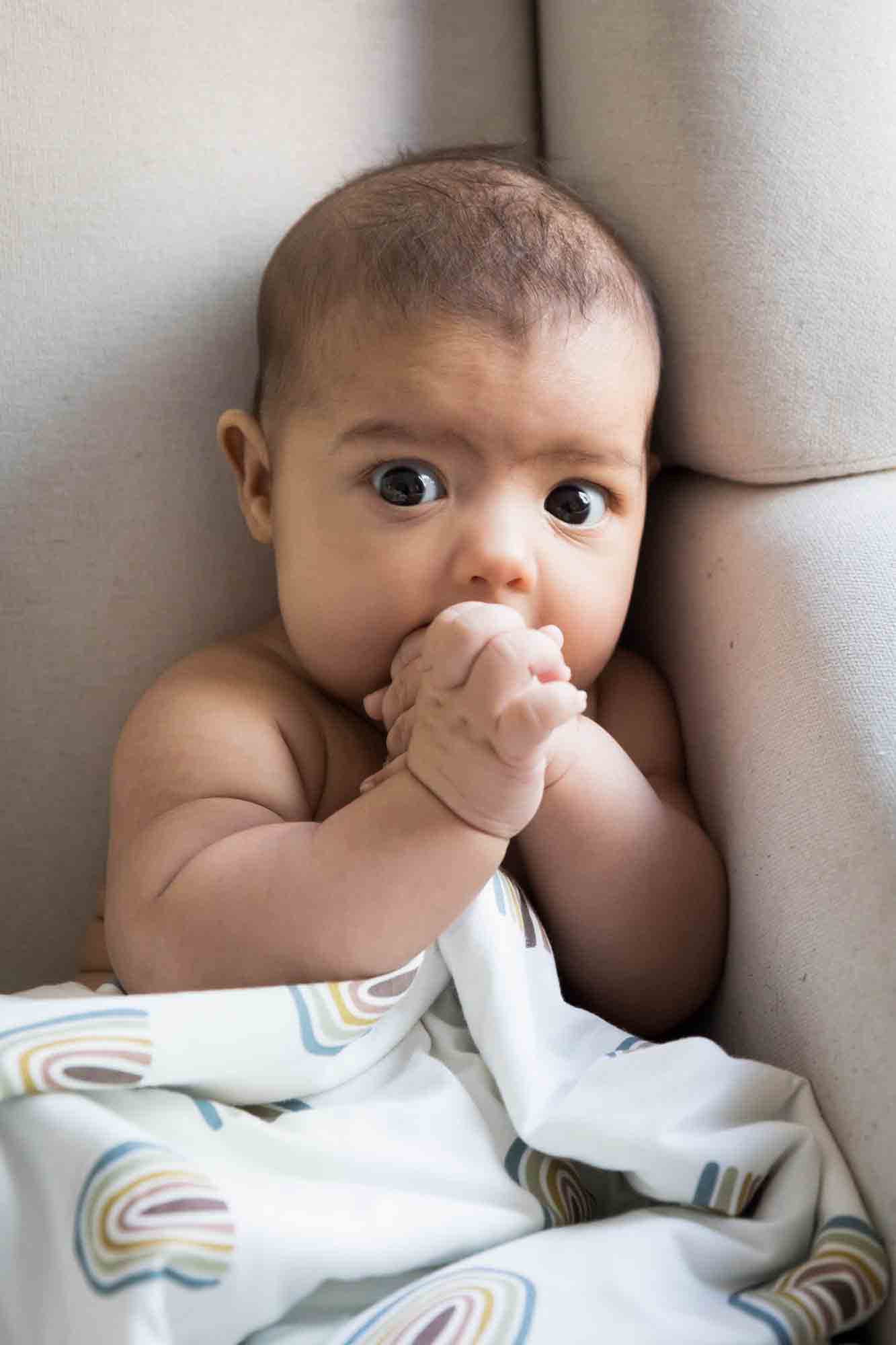 Baby with hands in mouth sitting in chair during a Manhattan family portrait session
