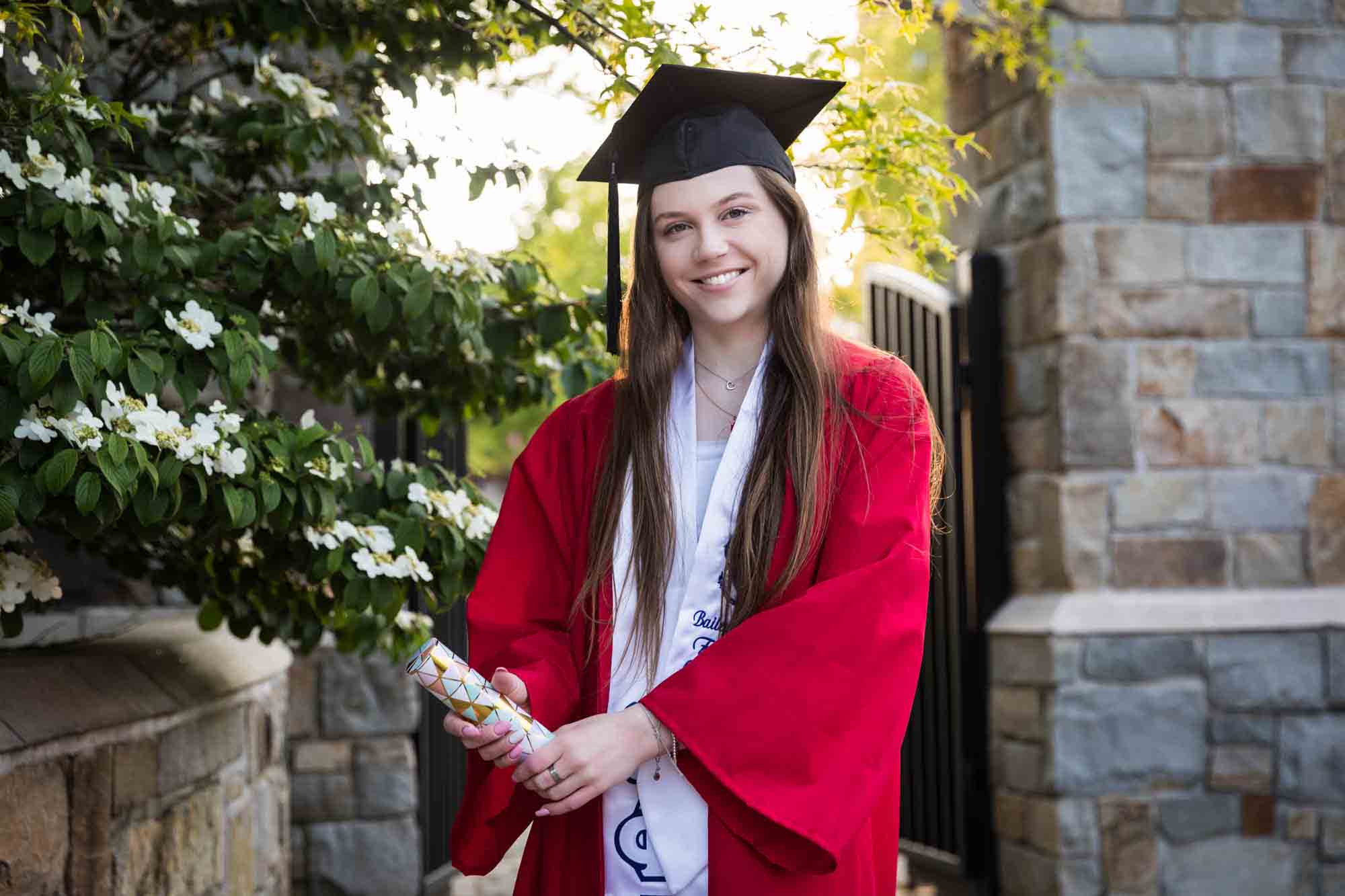 Female graduate holding colorful can in front of gate and dogwood bush during a St. John’s University graduate portrait session