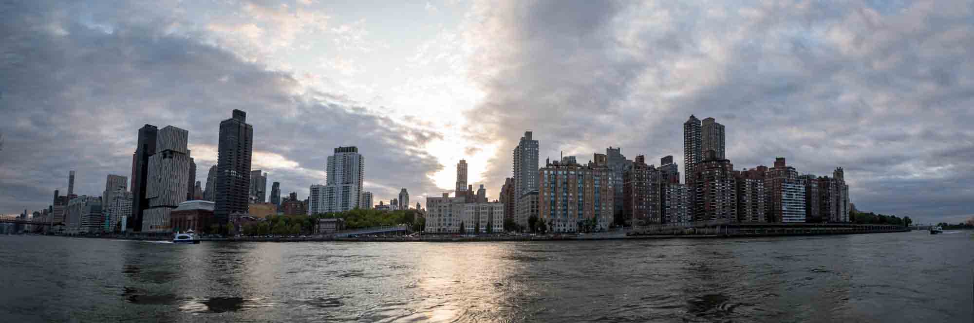 Panorama view of NYC skyline at sunset view from Roosevelt Island